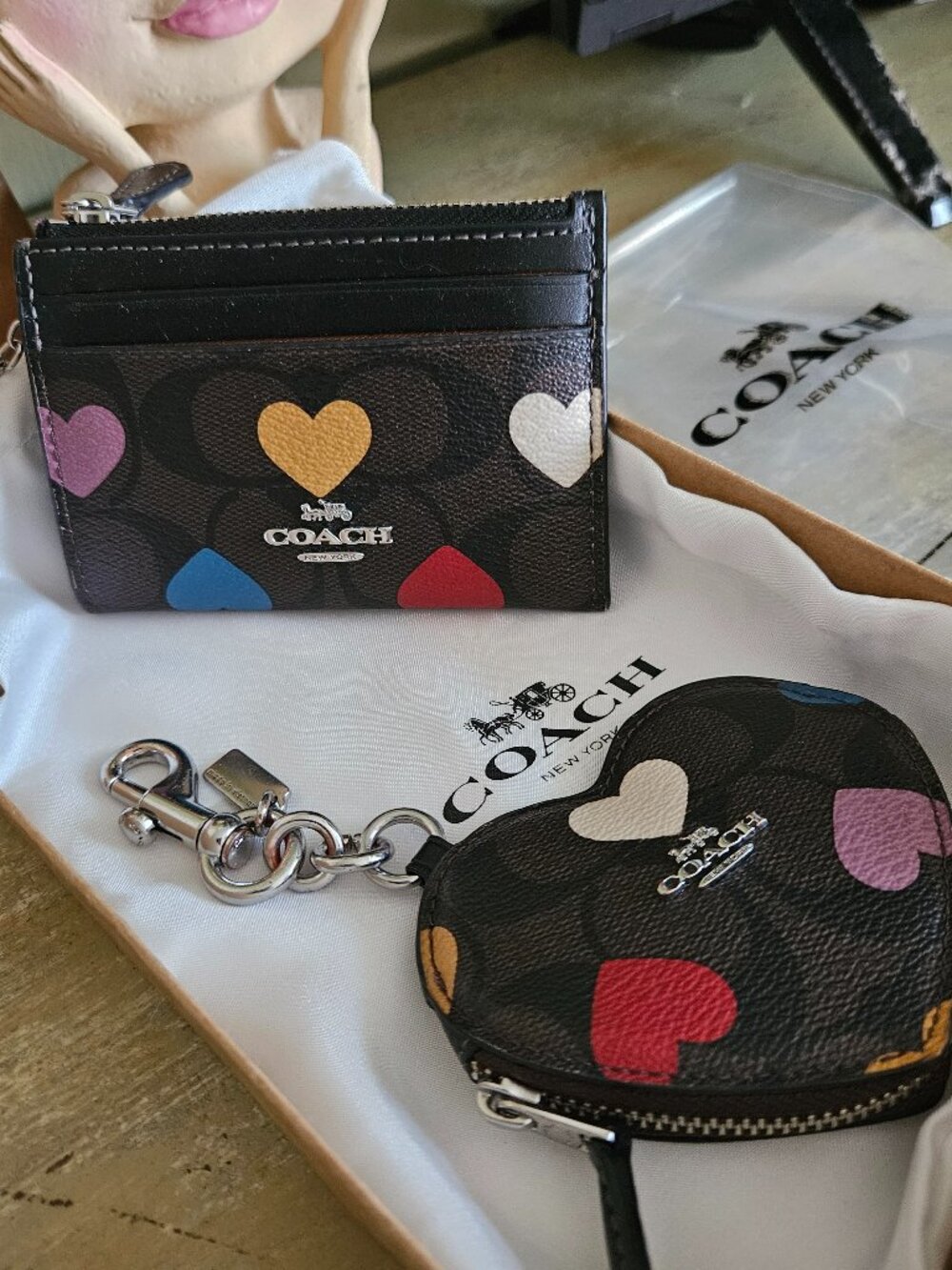Coach wristlet wallet with key fob purse charm Dark brown colorful hearts